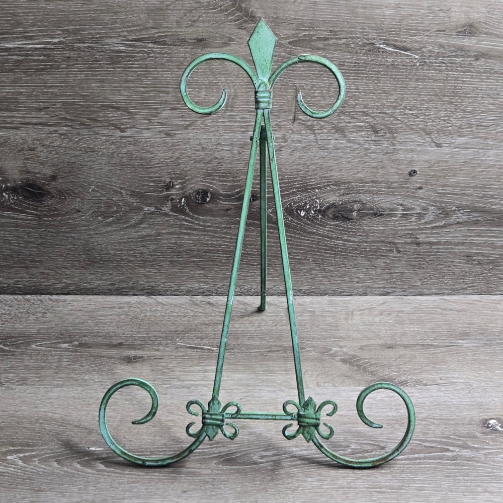 Vintage Fleur De Lis Metal Easel Stand Verdigris Green Patina Plate Display 16"